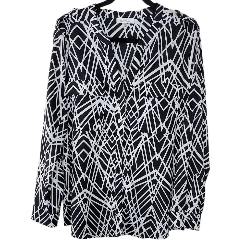 Calvin Klein Women XL Corpcore Button Down Flap Pocket Sleeve Tabs Top